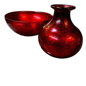 Large Red And Black Glass Vases Set Made In Spain